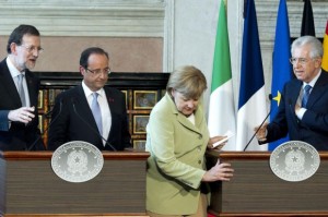 Mariano Rajoy Brey,  François Hollande,  Angela Merkel  e Mario Monti